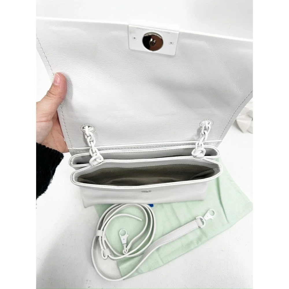 Off White White Leather Embossed Diagonal Stripe Soft‎ Binder Clip Shoulder Bag